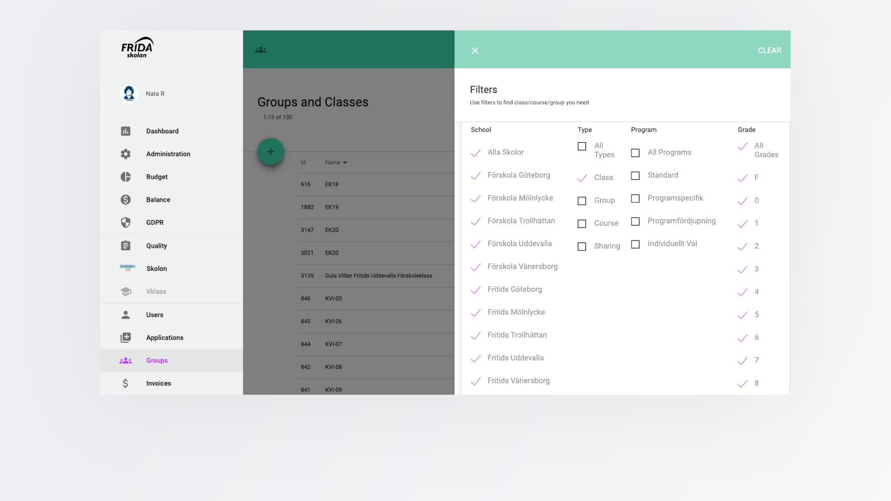 Screenshot of the school administration system’s filters menu