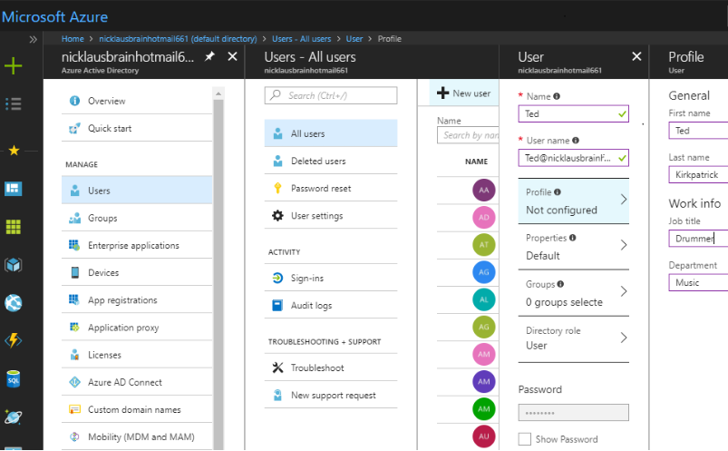 Creating a new user in Azure AD