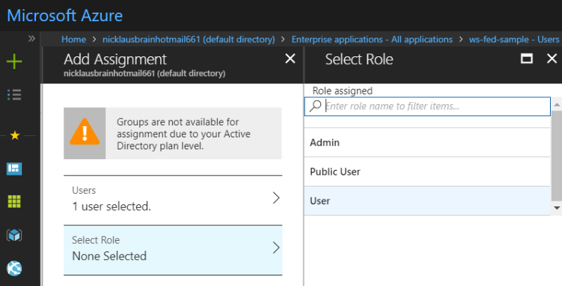 Role selection in Azure AD