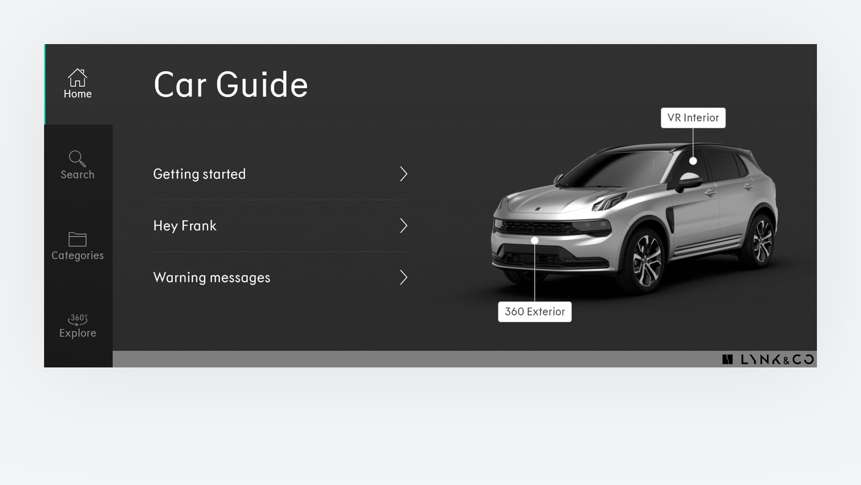Detailed vehicle guide structured by categories & complemented by markers on the 3D car model