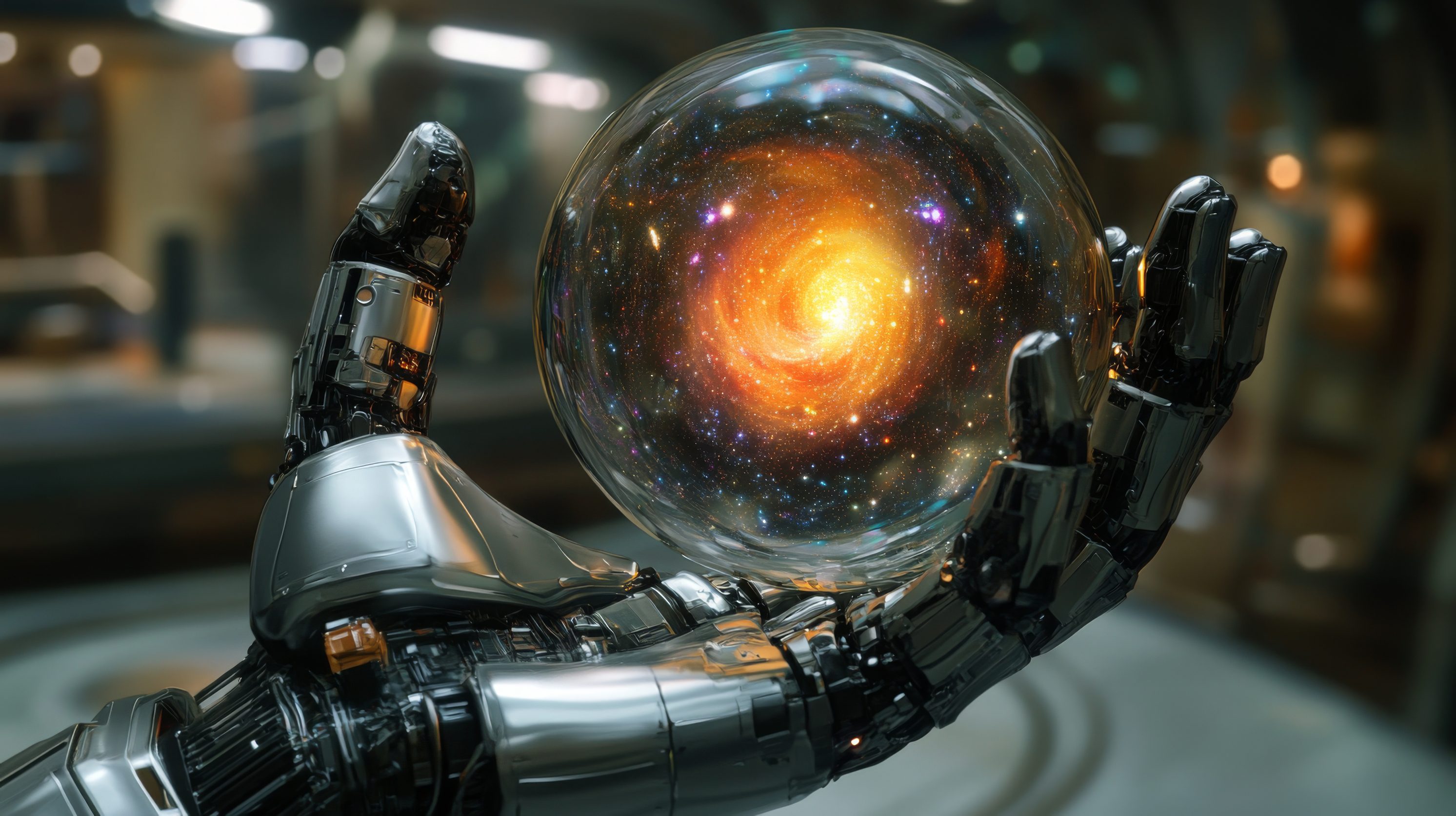 Glass ball with a galaxy in robotic hand