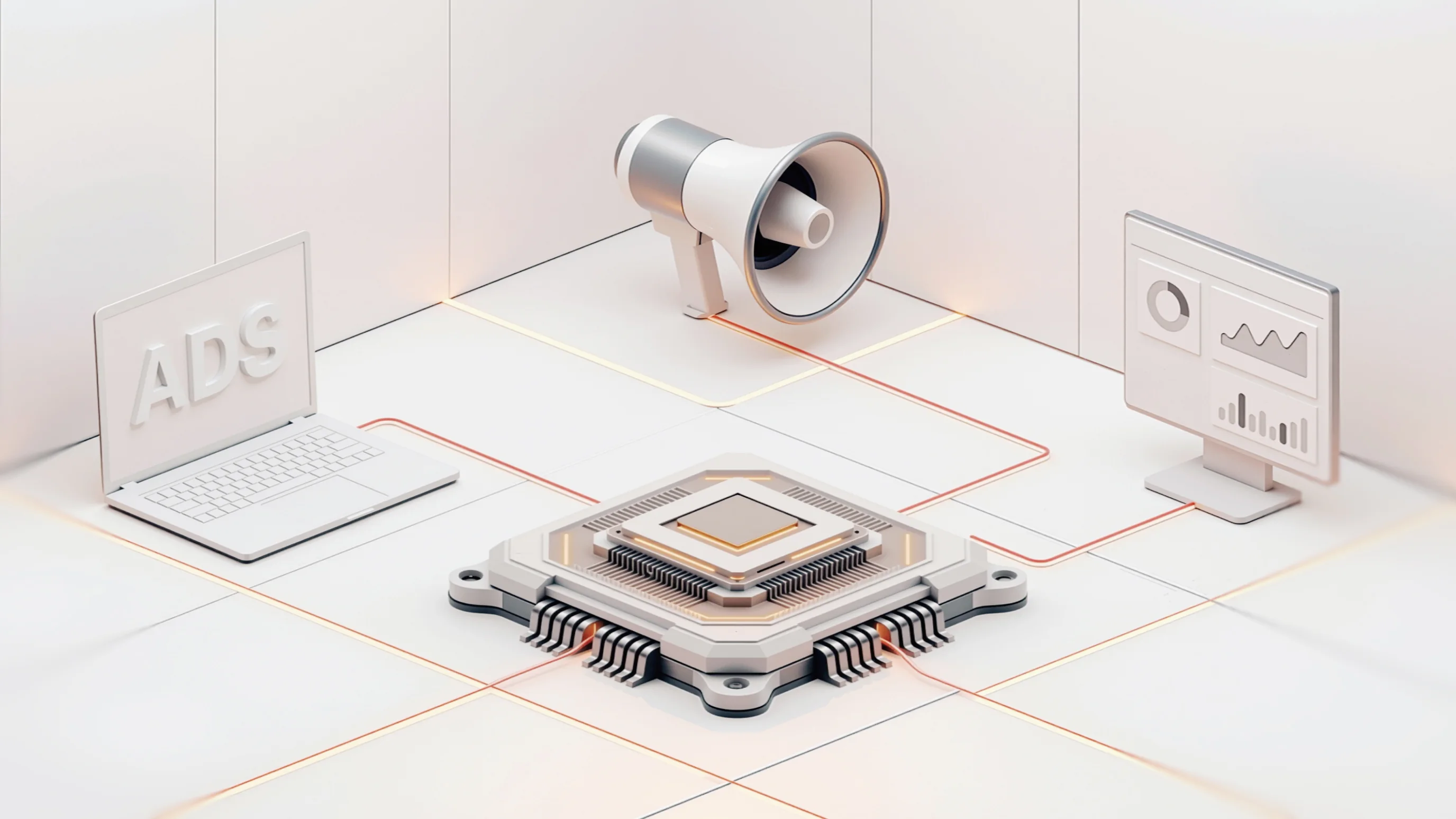 Central chip with two monitors showing 'Ads' and analytics dashboards, alongside a megaphone, symbolizing AdTech software development and solutions