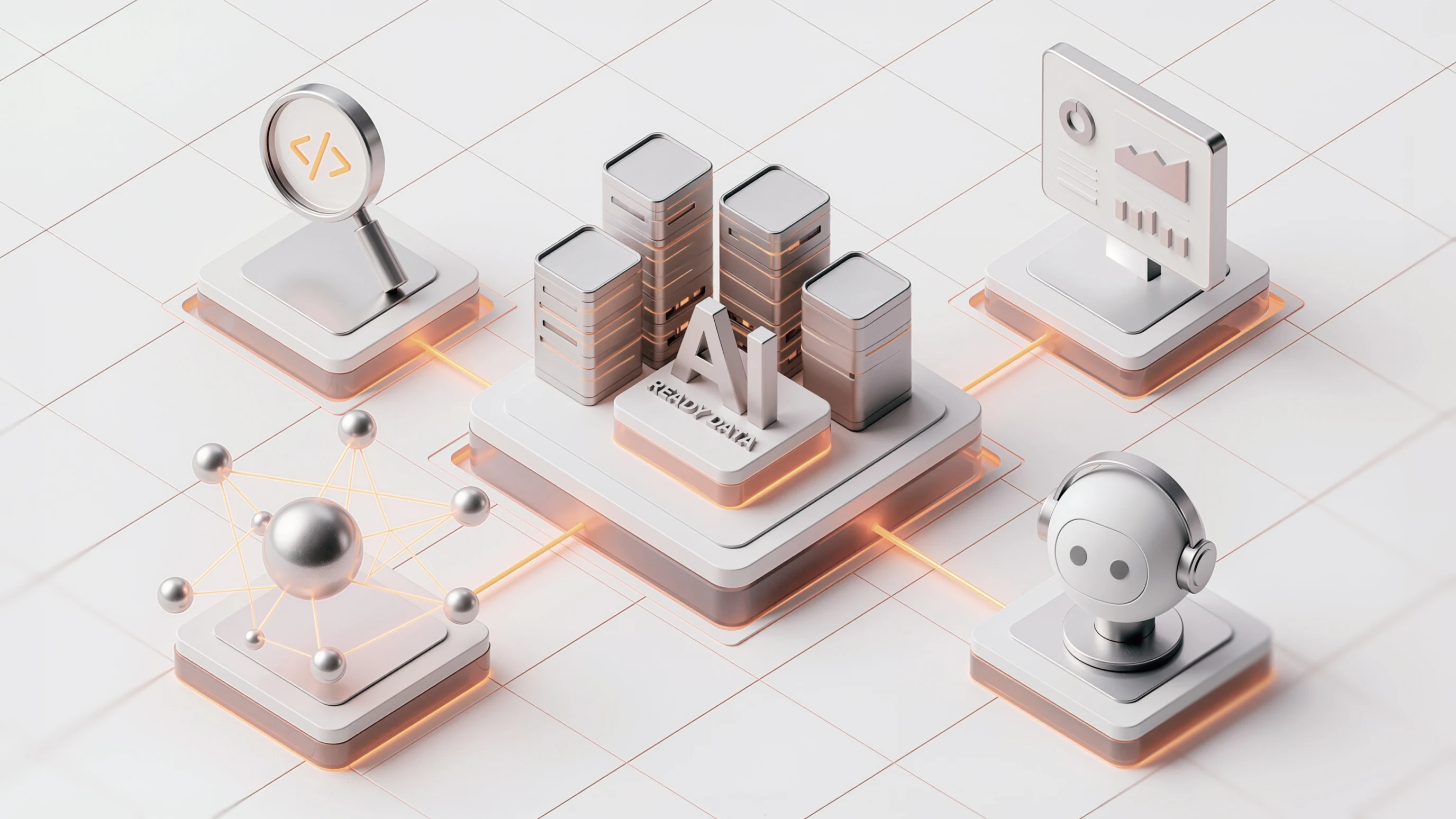 Visualization of AI-Ready Data - chips for accelerated intelligence, data storage, voice agent, and dashboards illustrating analytical insights