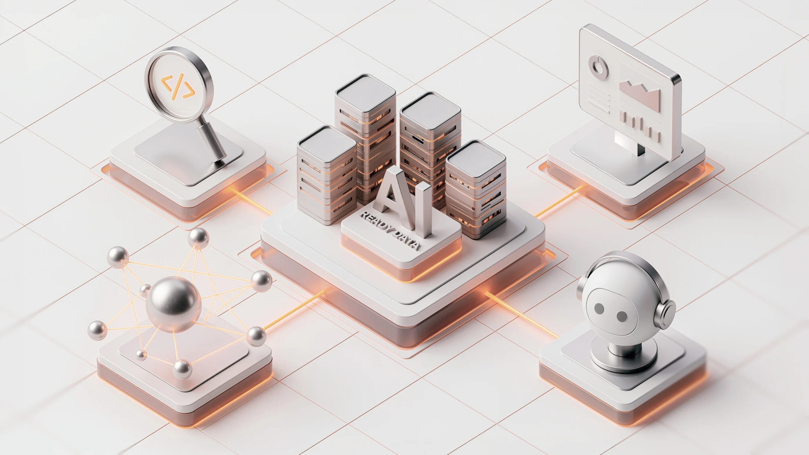 Visualization of AI-Ready Data -  chips for accelerated intelligence, data storage, voice agent, and dashboards illustrating analytical insights